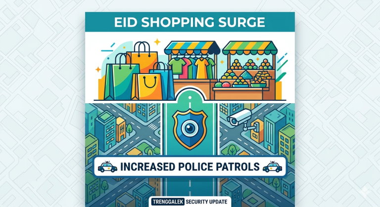 Trenggalek Police Patrols Intensify as Eid Crowds Fill Markets and Shopping Centers